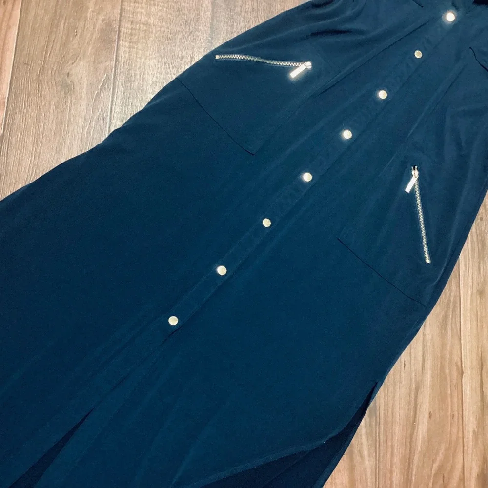 Michael Kors Navy Blue Maxi Shirt Dress Gold Hardware Slit Short Sleeve M